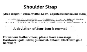 Detailed size specifications for adjustable 3.8cm wide shoulder strap with gold hardware