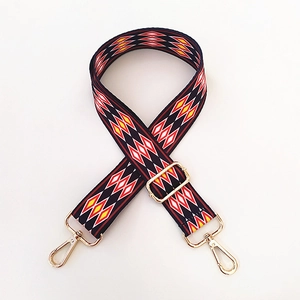 Ethnic geometric pattern bag strap with golden metal hooks and adjustable buckle
