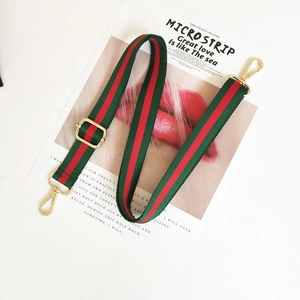 Adjustable green and red striped nylon shoulder strap with gold-tone metal swivel hooks