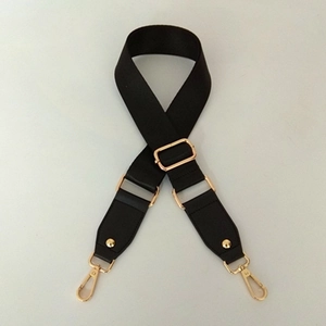 Adjustable black nylon bag strap with PU leather ends and gold metal buckles for handbags