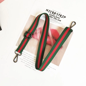 Detail view of red and green striped woven strap with dark grey metal lobster clasp