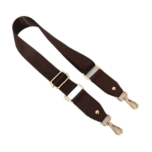 Adjustable brown nylon shoulder strap with gold metal hooks and PU leather ends