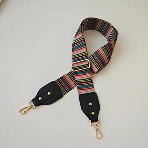 Adjustable colorful striped woven shoulder strap with gold rivets and lobster clasps