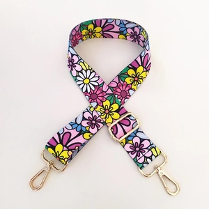 Adjustable wide shoulder strap with colorful vintage floral print and gold hardware