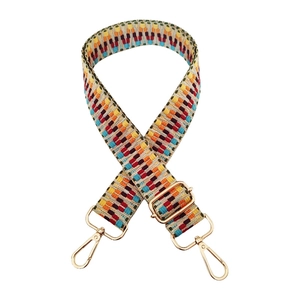Close-up of multicolor checkered woven bag strap with golden metal swivel hooks