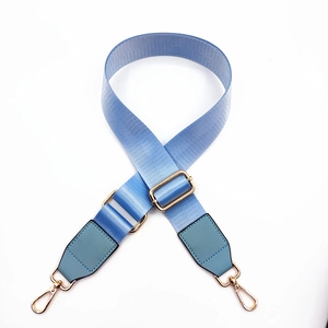 Detail of light blue nylon bag strap with gold metal buckles and leather reinforcement