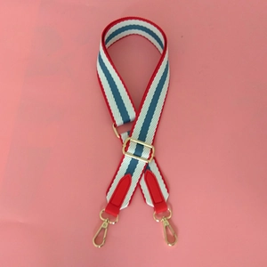 Adjustable wide replacement bag strap with tricolor stripes and golden metal clasps