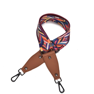 Ethnic style wide shoulder bag strap with colorful zigzag weave and metal lobster clasps