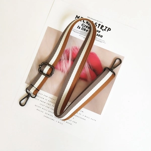 Adjustable canvas bag strap with three-color stripes and gun-metal lobster clasps