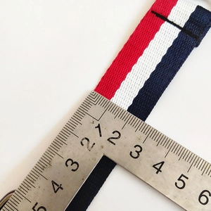 Red white and blue striped canvas shoulder strap with 2cm width measurement detail
