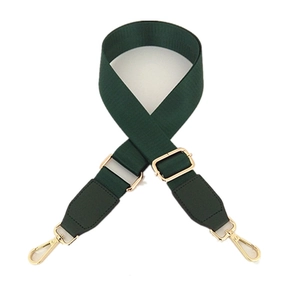 Adjustable wide nylon bag strap in dark green with polished gold metal buckles
