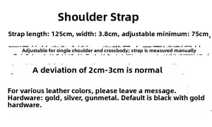 Adjustable 125cm bag strap detail showing 3.8cm width and metal hardware options