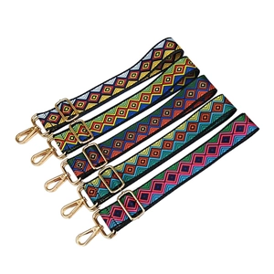 Ethnic style adjustable wide shoulder straps with colorful geometric patterns and gold hooks