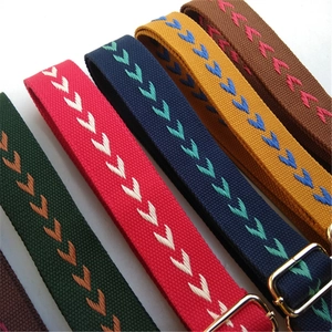 Adjustable wide canvas shoulder straps with ethnic chevron embroidery and gold hardware