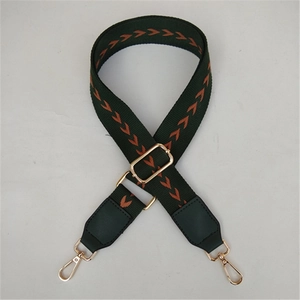 Detail view of ethnic striped wide shoulder strap with golden metal swivel hooks