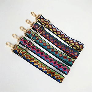 Ethnic style adjustable wide shoulder straps with colorful geometric patterns and gold hooks
