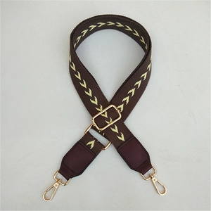 Close-up of adjustable wide shoulder strap with yellow geometric V-pattern and gold hardware