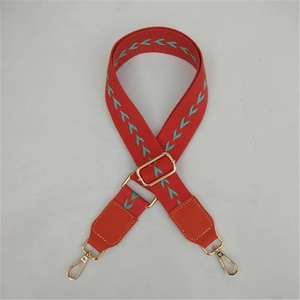 Detail of adjustable ethnic style strap with orange and blue geometric embroidery