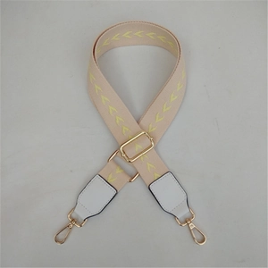 Detail of adjustable ethnic style bag strap with yellow geometric weaving and gold hooks