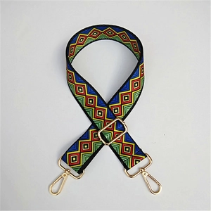 Close-up of ethnic geometric patterned wide bag strap with adjustable gold buckle