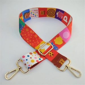 Detail of colorful ethnic style bag strap with gold metal hooks and Dino Daily print