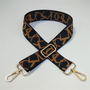 Adjustable wide replacement bag strap with jacquard letters and gold metal hardware