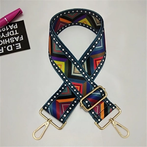 Adjustable wide canvas shoulder strap with vintage geometric patterns and gold metal hooks