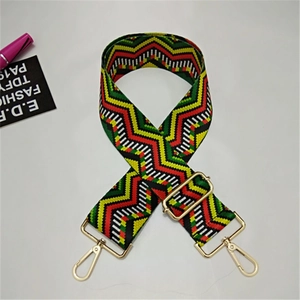 Close-up of colorful ethnic woven strap with zigzag patterns and gold metal lobster clasps