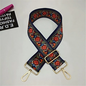 Detail of bohemian embroidery pattern on adjustable wide shoulder strap for bags