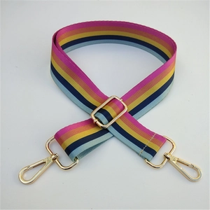 Detail of colorful striped woven shoulder strap with gold metal hooks and buckle
