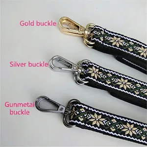 Ethnic style adjustable jacquard embroidered bag strap with gold silver and gunmetal clasps