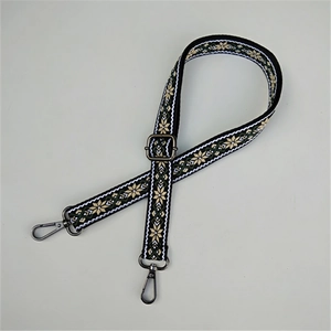 Adjustable woven guitar style purse strap with ethnic geometric patterns and gunmetal hooks