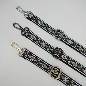 Detail of jacquard woven bag straps showing snowflake patterns and metal buckles
