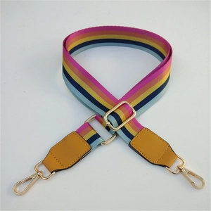 Adjustable ethnic style colorful striped strap with yellow PU leather and gold metal hooks