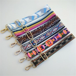 Adjustable colorful ethnic style wide fabric shoulder straps with gold metal hooks