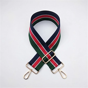 Detail of adjustable wide woven shoulder strap with retro navy and red stripe patterns