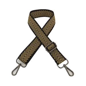 Adjustable nylon shoulder strap with yellow and black chevron pattern and metal buckles