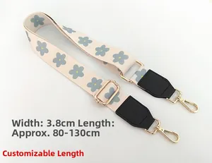 Adjustable 3.8cm wide canvas bag strap with blue flower pattern and gold metal hooks