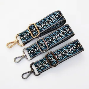Ethnic geometric woven shoulder strap set with adjustable metal buckles in three finishes