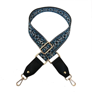 3.8cm ethnic geometric wide woven bag strap with golden metal lobster clasps and leather ends