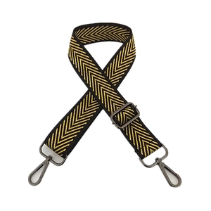 Adjustable nylon shoulder strap with yellow chevron pattern and gunmetal hooks