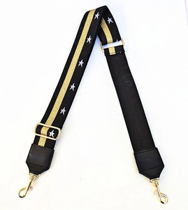 Close-up of ethnic style nylon bag strap with gold stripes and star embroidery details