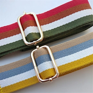 Close-up of adjustable woven canvas shoulder straps with gold metal hardware for handbags