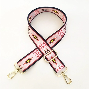 Close-up of pink ethnic style adjustable strap with geometric patterns and gold clips