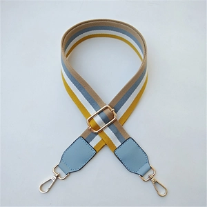 Close-up of colorful striped canvas bag strap with light blue leather ends and gold hardware