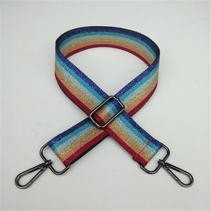 Rainbow striped glitter purse strap with adjustable black metal buckle and lobster clasps