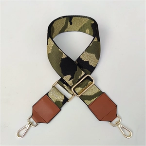 Detail of green camo nylon bag strap with gold metallic thread and leather ends