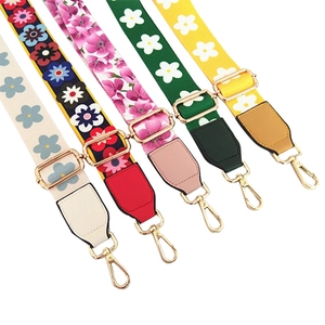 Adjustable floral pattern bag straps with golden metal hooks and leather accents in five colors