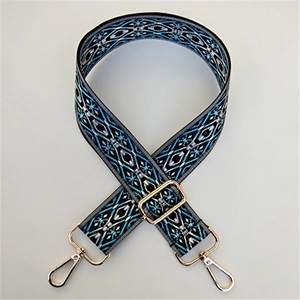 Ethnic blue and grey wide replacement shoulder strap with adjustable gold metal hooks