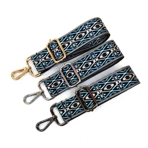 Ethnic style adjustable wide shoulder straps with geometric patterns and metallic hooks